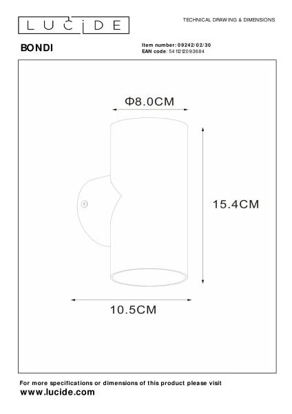 Lucide BONDI - Wandstrahler / Wandleuchte - 2xGU10 - Schwarz - TECHNISCH